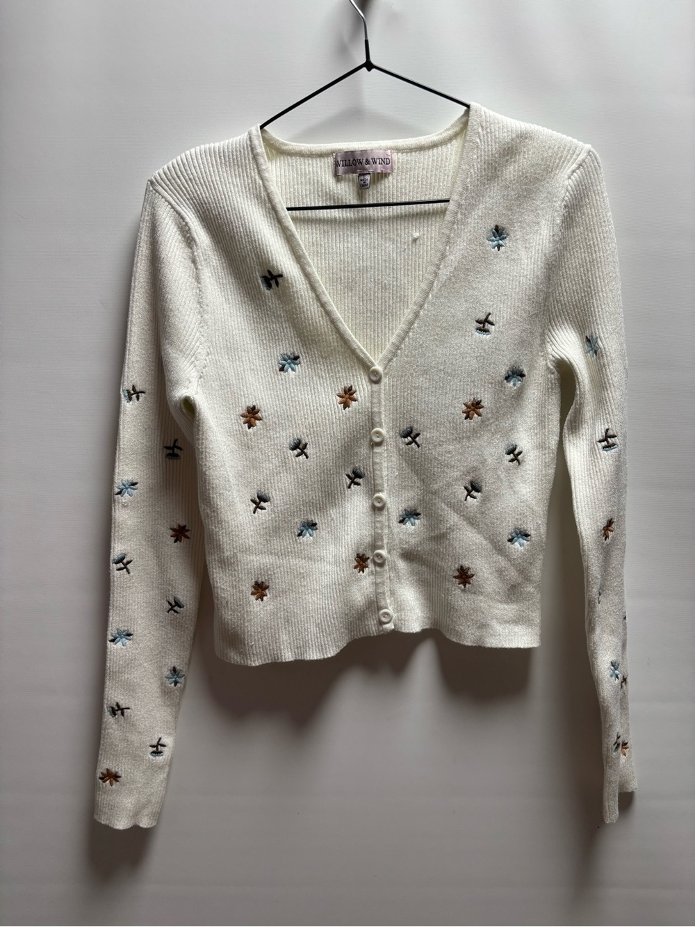 Cream Embroidered V-Neck Button Front Cardigan/ sweater